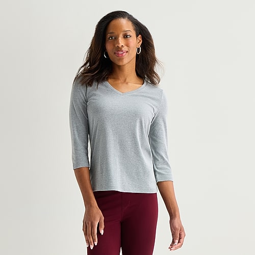 St. John's Bay Womens V Neck 3/4 Sleeve T-shirt In Gray