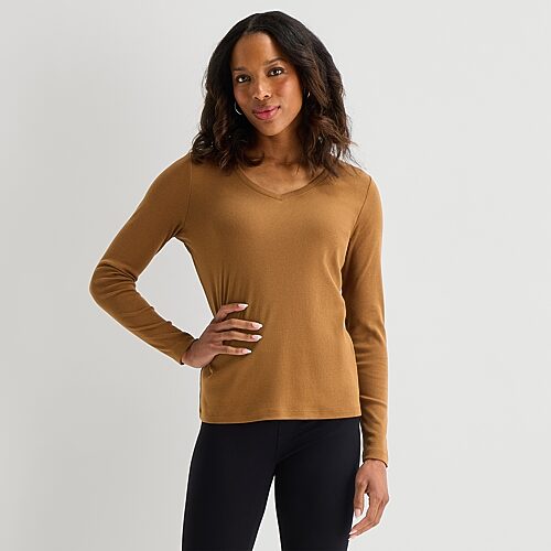 St. John's Bay Womens V Neck Long Sleeve T-shirt In Brown