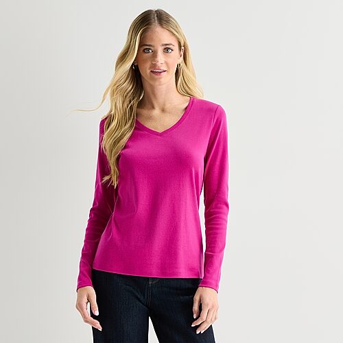 St. John's Bay Womens V Neck Long Sleeve T-shirt In Pink