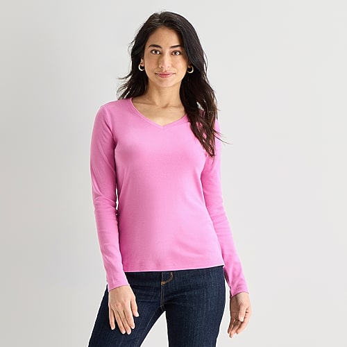 St. John's Bay Womens V Neck Long Sleeve T-Shirt, Small, Pink