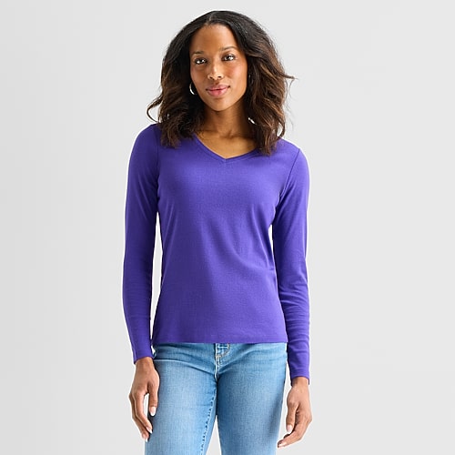 St. John's Bay Womens V Neck Long Sleeve T-shirt In Purple
