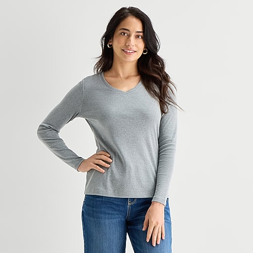 St. John's Bay Womens V Neck Long Sleeve T-shirt In Gray