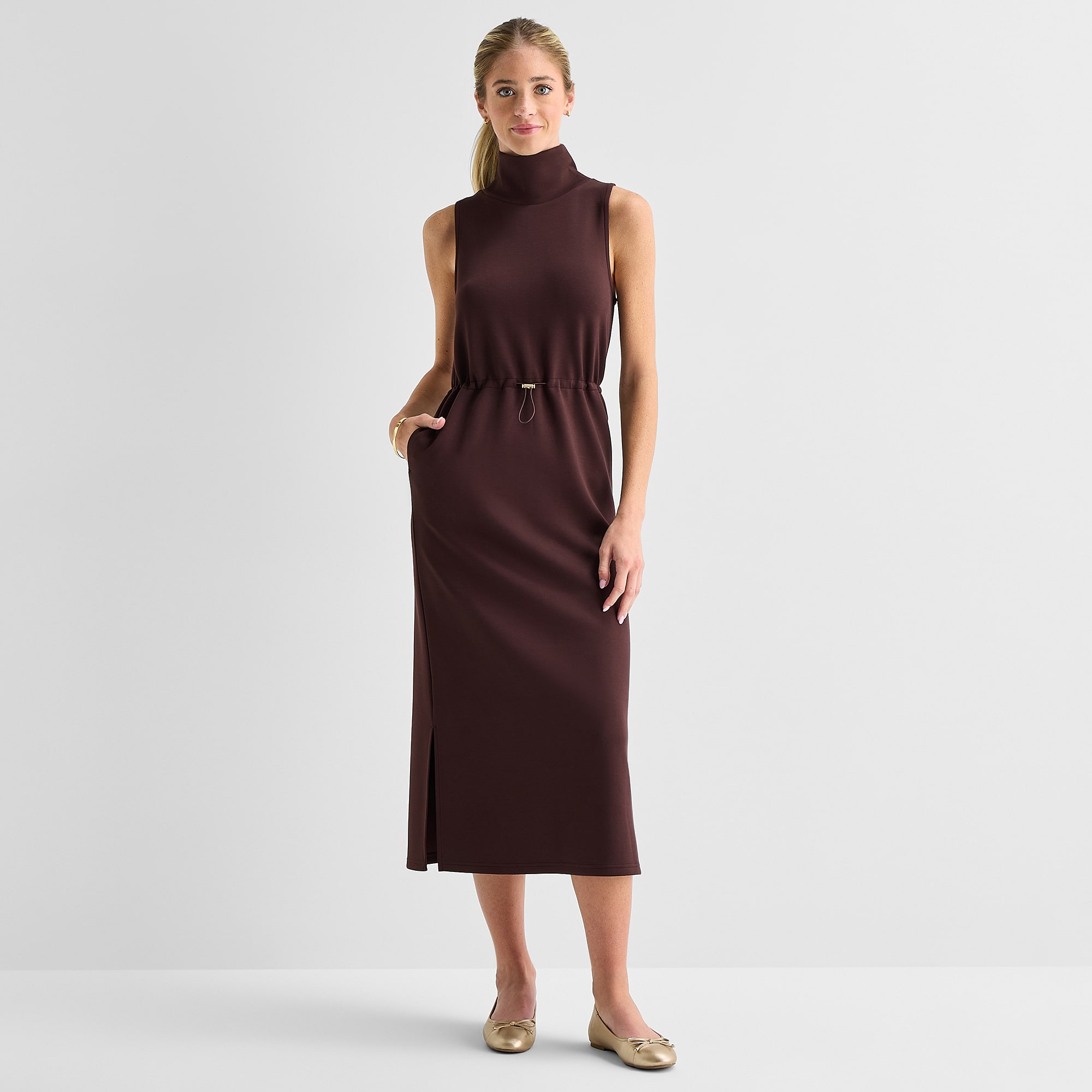 Stylus Womens Midi Mock Neck Sleeveless A-Line Dress