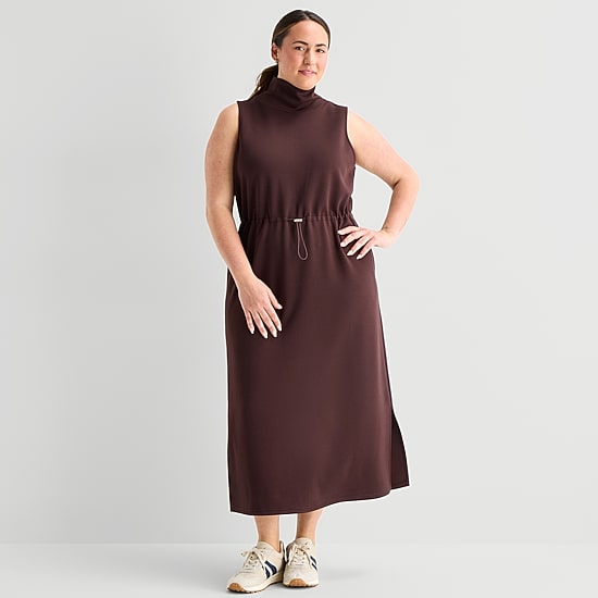 Stylus Womens Plus Midi Mock Neck Sleeveless A-Line Dress