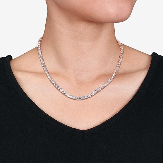 Womens White Sapphire 18K Rose Gold Over Silver 17 Inch Tennis Necklace