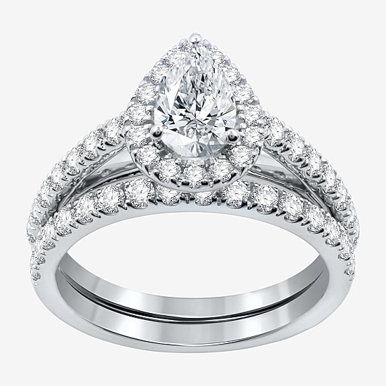 (H-I / Si2-I1) Womens 1 3/4 CT. T.W. Lab Grown White Diamond 10K Gold Pear Side Stone Halo Bridal Set