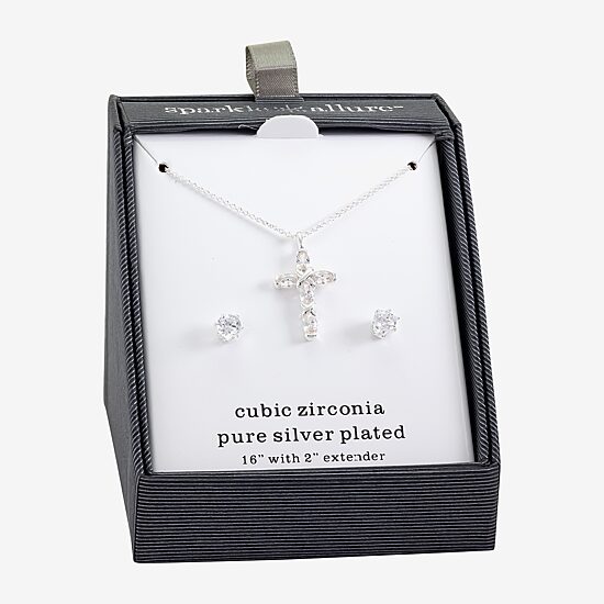 Sparkle Allure Womens Cubic Zirconia Pure Silver Over Brass Cross 2-pc. Jewelry Set