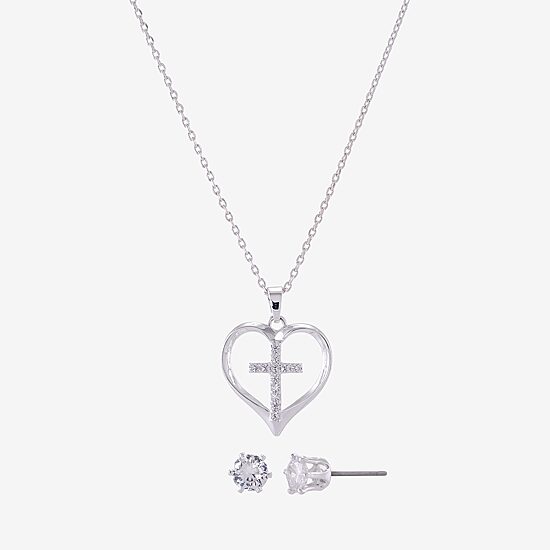 Sparkle Allure Womens Cubic Zirconia Pure Silver Over Brass Cross Heart 2-pc. Jewelry Set