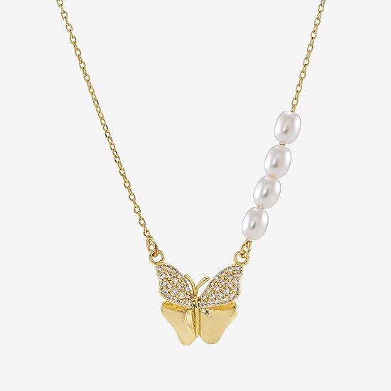 Sparkle Allure Womens Simulated Pearl 14K Gold Over Brass Butterfly 16 Inch Pendant Necklace