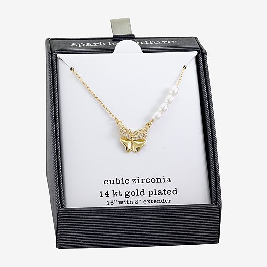 Sparkle Allure Womens Simulated Pearl 14K Gold Over Brass Butterfly 16 Inch Pendant Necklace