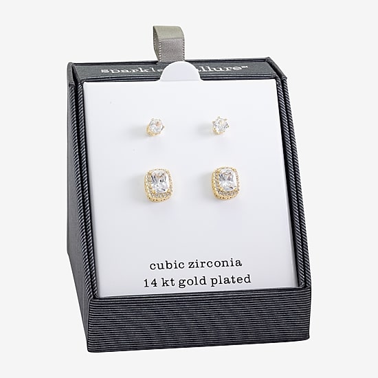 Sparkle Allure Halo Womens Cubic Zirconia 14K Gold Over Brass 2 Pair Earring Set