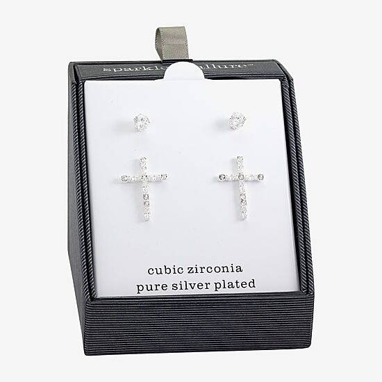 Sparkle Allure Womens Cubic Zirconia Cross 2 Pair Earring Set