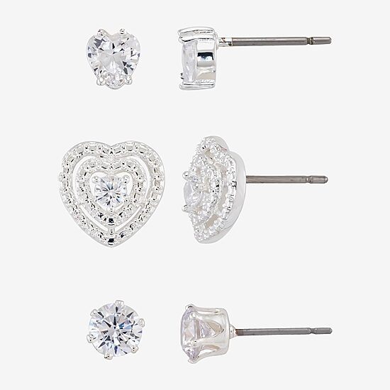 Sparkle Allure Womens Cubic Zirconia Heart 3 Pair Earring Set