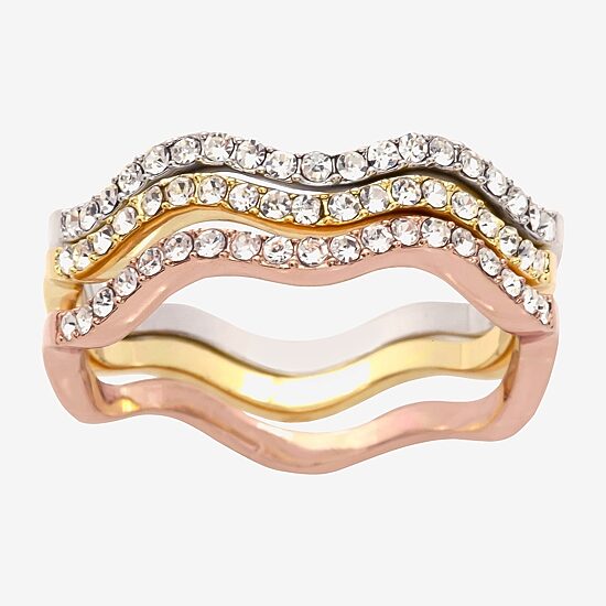 Sparkle Allure Wavy Delicate Stackable Womens Crystal 14K Gold Over Brass 18K Rose Gold Over Brass Delicate Ring Set