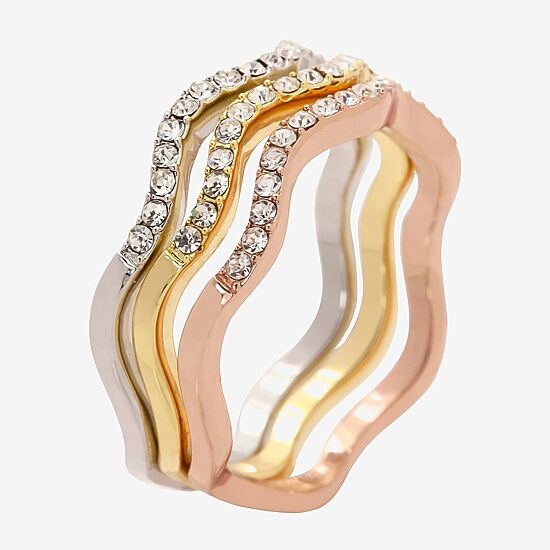 Sparkle Allure Wavy Delicate Stackable Womens Crystal 14K Gold Over Brass 18K Rose Gold Over Brass Delicate Ring Set