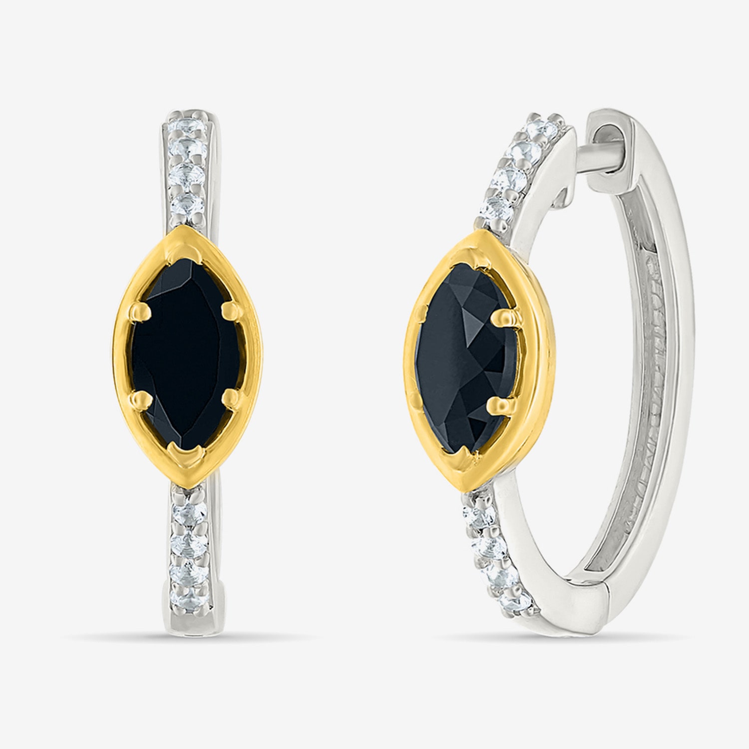 Womens Genuine Black Onyx 10K Gold Sterling Silver 20.5mm Marquise Hoop Earrings