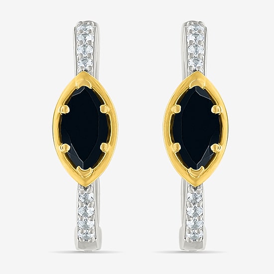 Womens Genuine Black Onyx 10K Gold Sterling Silver 20.5mm Marquise Hoop Earrings