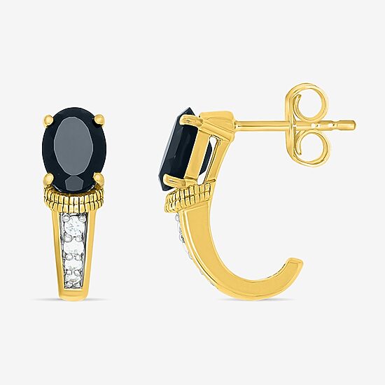 Womens Genuine Black Onyx 10K Gold Sterling Silver 16mm Oval Hoop Earrings