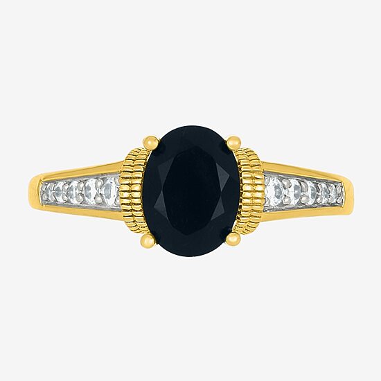 Womens Genuine Black Onyx 10K Gold Sterling Silver Oval Side Stone Cocktail Ring