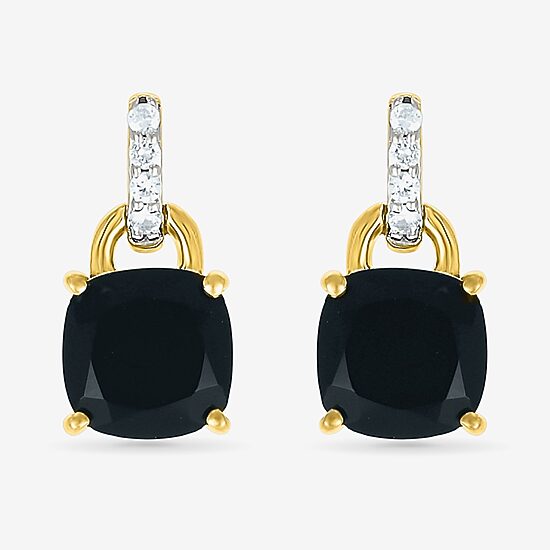 Womens Genuine Black Onyx 10K Gold Sterling Silver Cushion Drop Earrings