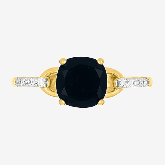 Womens Genuine Black Onyx 10K Gold Sterling Silver Cushion Side Stone Cocktail Ring