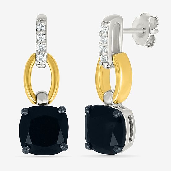 Womens Genuine Black Onyx 10K Gold Sterling Silver Cushion Drop Earrings