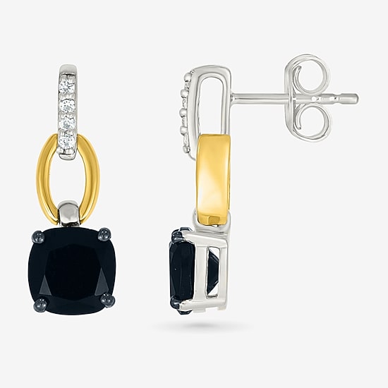 Womens Genuine Black Onyx 10K Gold Sterling Silver Cushion Drop Earrings