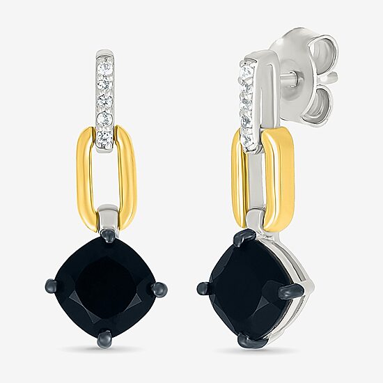 Womens Genuine Black Onyx 10K Gold Sterling Silver Cushion Drop Earrings