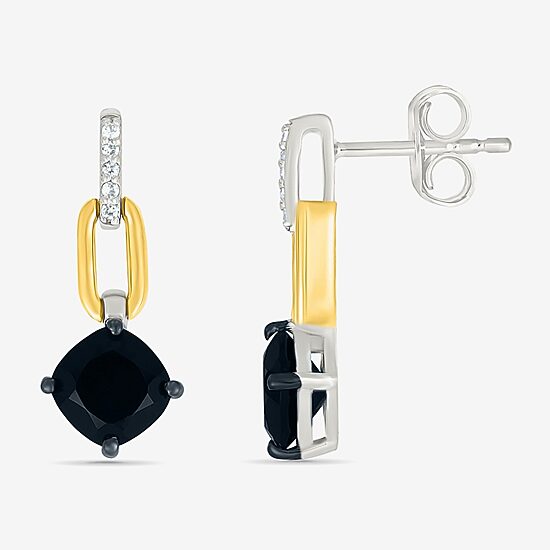 Womens Genuine Black Onyx 10K Gold Sterling Silver Cushion Drop Earrings