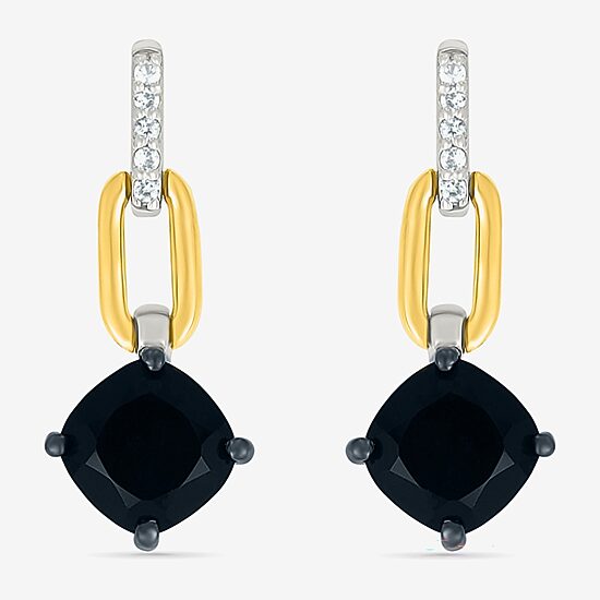 Womens Genuine Black Onyx 10K Gold Sterling Silver Cushion Drop Earrings