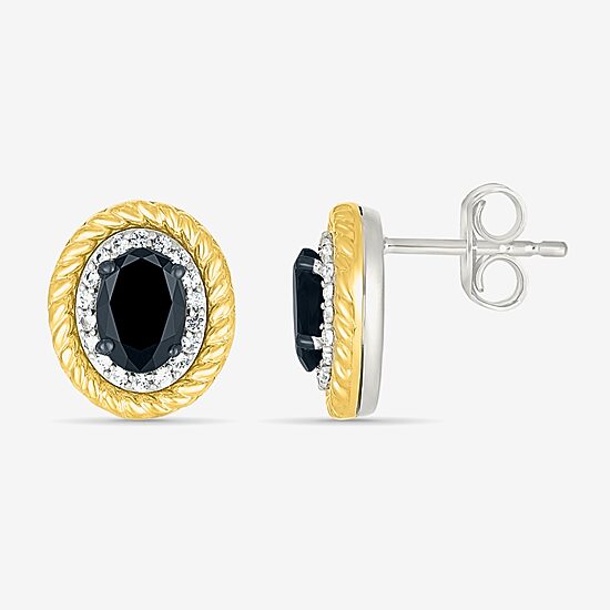 Genuine Black Onyx 10K Gold Sterling Silver 13mm Oval Stud Earrings