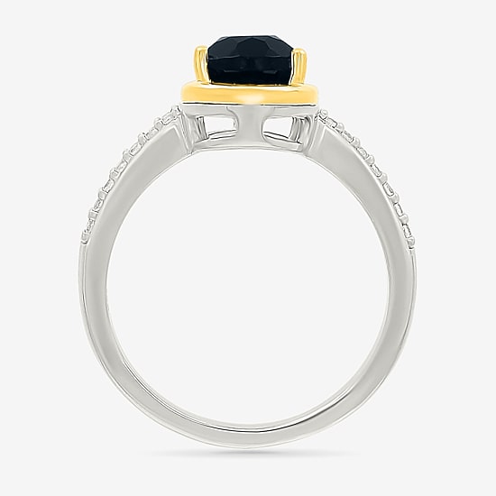 Womens Genuine Black Onyx 10K Gold Sterling Silver Pear Side Stone Cocktail Ring