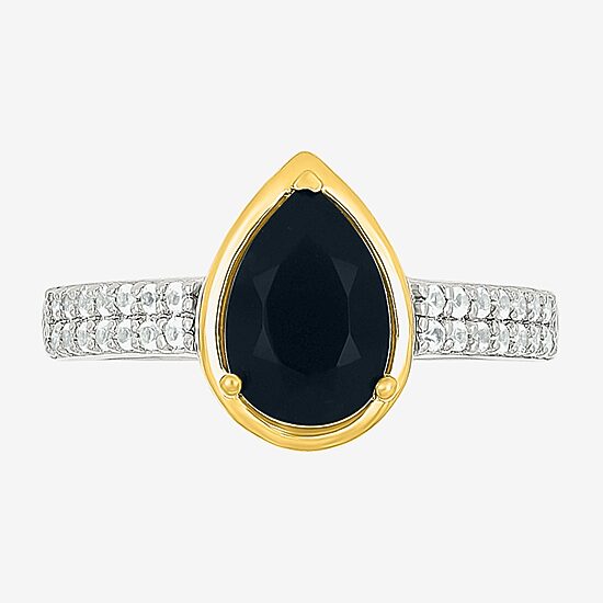 Womens Genuine Black Onyx 10K Gold Sterling Silver Pear Side Stone Cocktail Ring