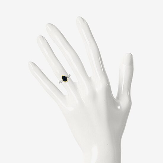 Womens Genuine Black Onyx 10K Gold Sterling Silver Pear Side Stone Cocktail Ring
