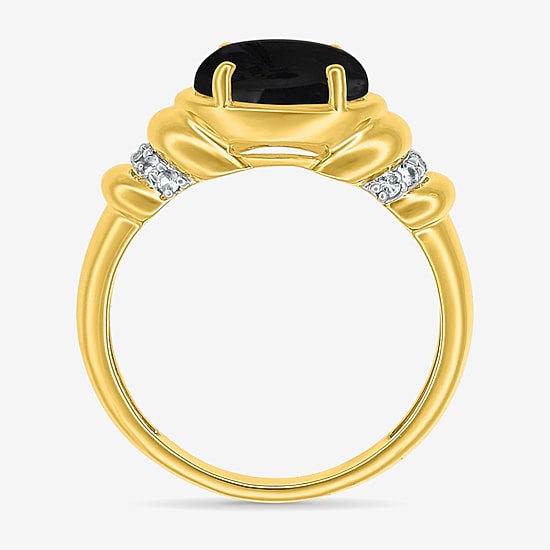 Womens Genuine Black Onyx 10K Gold Sterling Silver Oval Side Stone Cocktail Ring