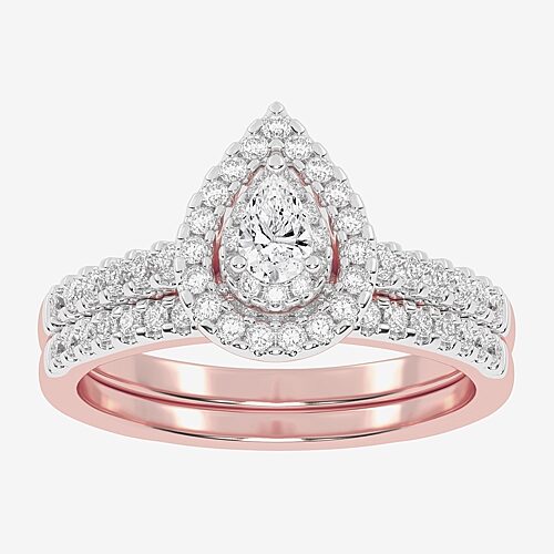 Womens 1/2 CT. T.W. Natural White Diamond 10K Gold Pear Side Stone Halo Bridal Set, 9, Rose