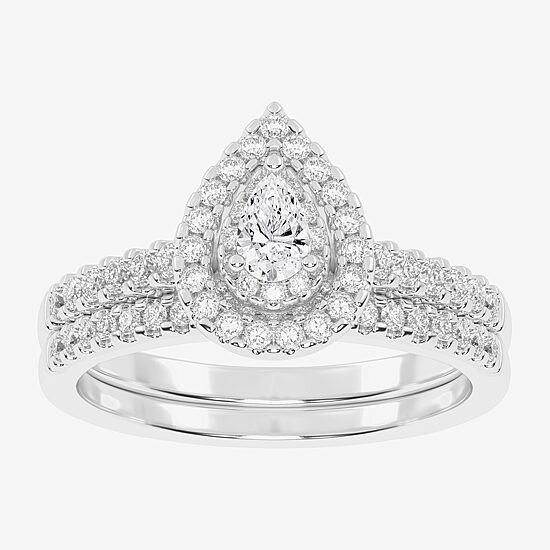 Womens 1/2 CT. T.W. Natural White Diamond 10K Gold Pear Side Stone Halo Bridal Set