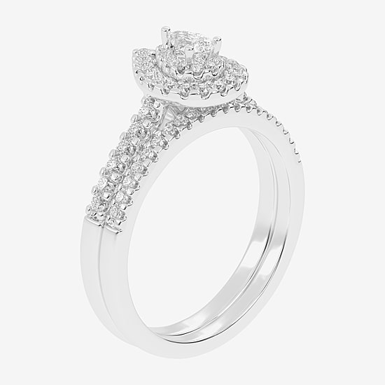 Womens 1/2 CT. T.W. Natural White Diamond 10K Gold Pear Side Stone Halo Bridal Set