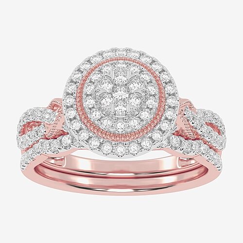 Womens 1/2 CT. T.W. Natural White Diamond 10K Gold Round Side Stone Halo Bridal Set, 9, Rose