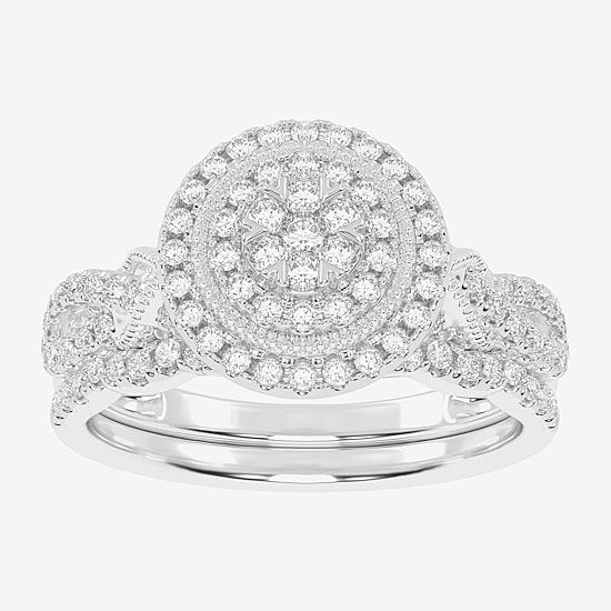 Womens 1/2 CT. T.W. Natural White Diamond 10K Gold Round Side Stone Halo Bridal Set