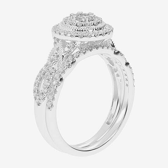 Womens 1/2 CT. T.W. Natural White Diamond 10K Gold Round Side Stone Halo Bridal Set