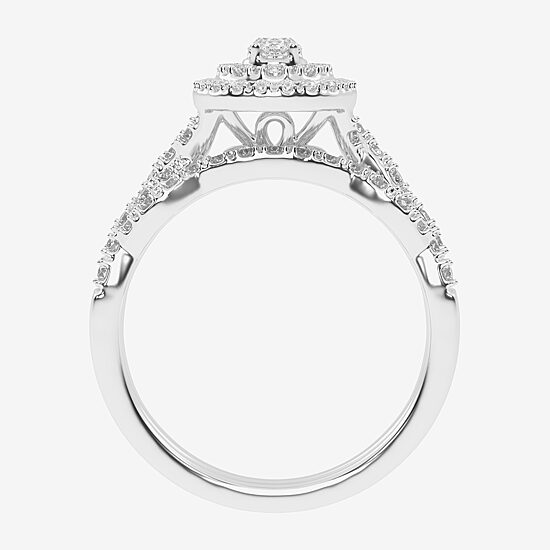 Womens 1/2 CT. T.W. Natural White Diamond 10K Gold Pear Side Stone Halo Bridal Set
