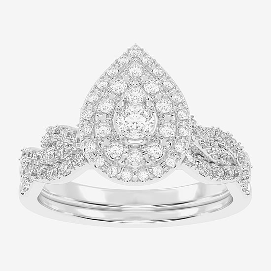 Womens 1/2 CT. T.W. Natural White Diamond 10K Gold Pear Side Stone Halo Bridal Set