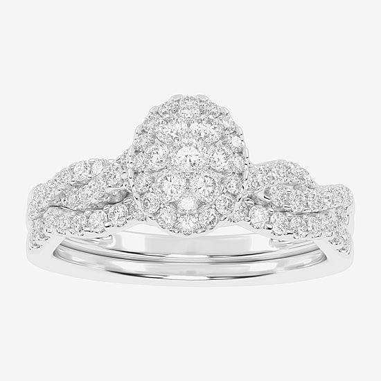 Womens 1/2 CT. T.W. Natural White Diamond 10K Gold Oval Side Stone Halo Bridal Set