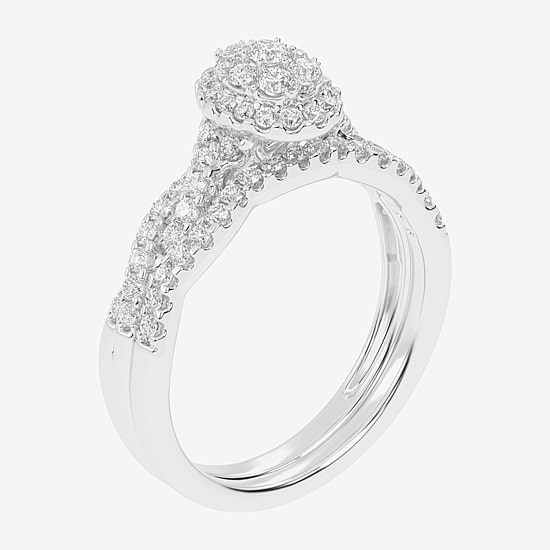 Womens 1/2 CT. T.W. Natural White Diamond 10K Gold Oval Side Stone Halo Bridal Set
