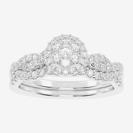 Womens 1/2 CT. T.W. Natural White Diamond 10K Gold Round Side Stone Halo Bridal Set