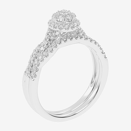 Womens 1/2 CT. T.W. Natural White Diamond 10K Gold Round Side Stone Halo Bridal Set