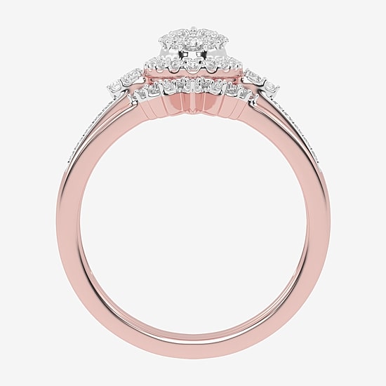 Womens 1/2 CT. T.W. Natural White Diamond 10K Gold Oval Side Stone Halo Bridal Set