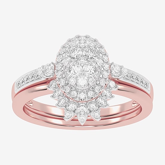 Womens 1/2 CT. T.W. Natural White Diamond 10K Gold Oval Side Stone Halo Bridal Set