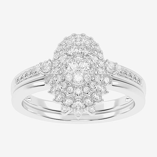 Womens 1/2 CT. T.W. Natural White Diamond 10K Gold Oval Side Stone Halo Bridal Set, 9, White